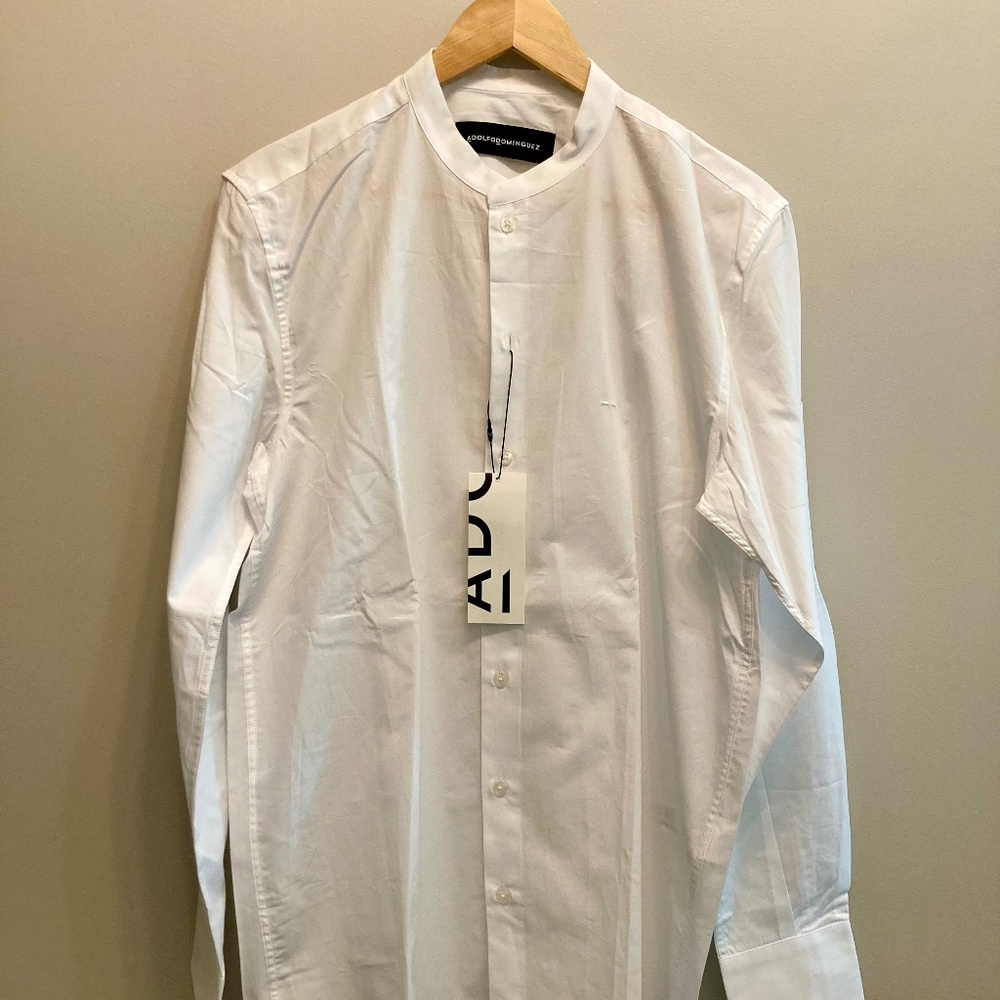 NWT Adolfo Dominguez Men's Collarless Button-Down Shirt, White, Size Medium